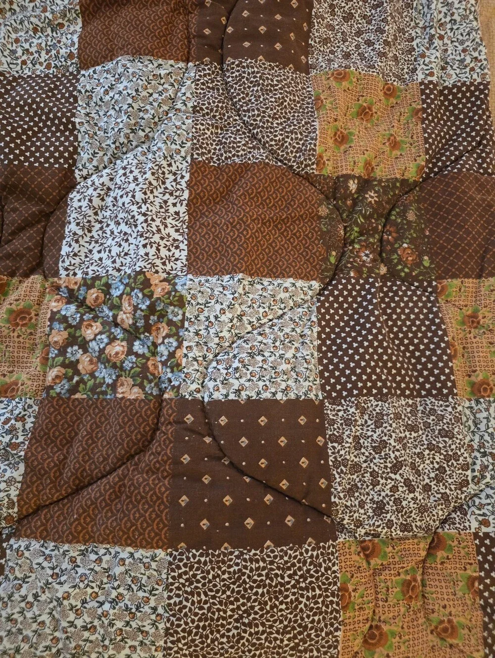 Vintage 1960s 1970s Cotton Brown Quilted Patch Work Floral Sleeping Bag Blanket